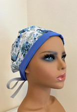 Ladies Medical Skull Chemo Scrub Surgical Uniform Cap Hat Blue Floral Birds NEW