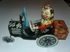Rare 1930s Marx Tin Toy Clown Driving Whoopie Crazy Car * working wind up *