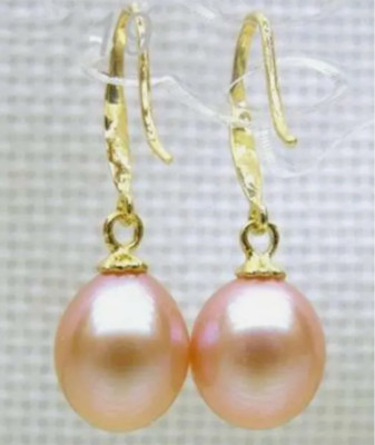 Elegant AAA++ 9-10mm real natural south sea pink drop pearl earrings 14k Gold