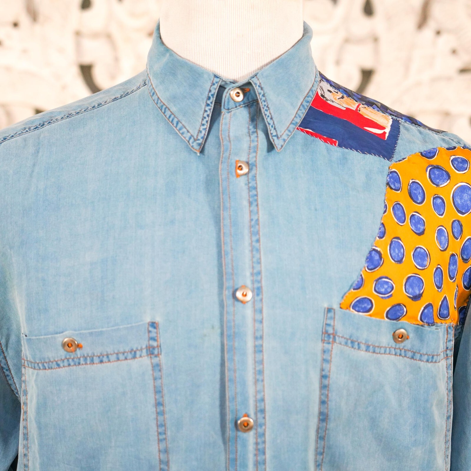 SAINT LAURENT Camicia uomo Tulliano denim tutta seta L patchwork bottoni metallo invecchiato vintage