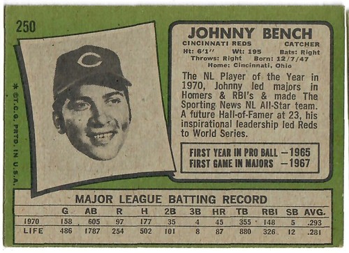 JOHNNY BENCH ~ CINCINNATI REDS ~ 1971 TOPPS BASEBALL CARD #250 ~ EXCELLENT - Picture 2 of 2