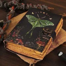 Leather journal handmade luna moth unique notebook for writing & sketching