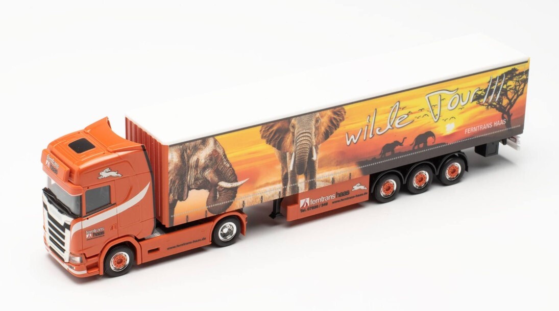 Miniature HERPA 1/87 - Camion Scania CS Avec Remorque FERNTRANS HAAS - Orange - Modèle H316903