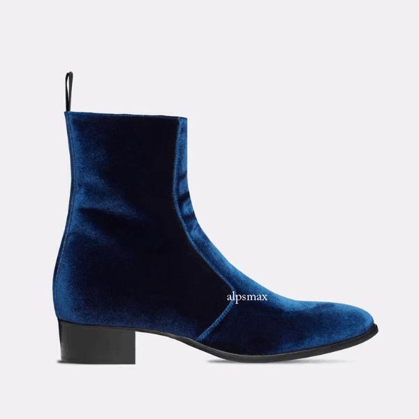 Men's Blue Chelsea Boots Pointed Toe Velvet Satin Side Zipper Casual Oversize Footwear