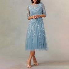 New Boat Neck Mother Of The Bride Dress A Line Tea-Length Appliques Tulle
