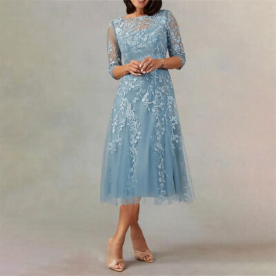 New Boat Neck Mother Of The Bride Dress A Line Tea-Length Appliques Tulle Zip
