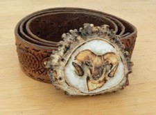Vintage Tooled Leather Belt with Antler Buckle with Carved Mountain Sheep Head