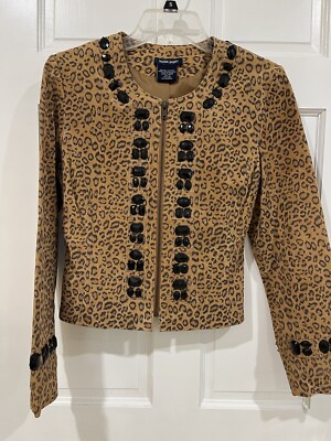 Leather Jacket Ladies Boston Proper Cheetah/Leopard Print Jeweled Jacket sz 6