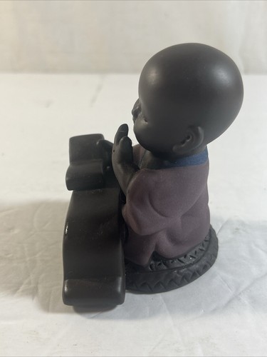 Signed Buddha Boy Figurine w/Book Violet Ceramic Earthenware 4x4x3" Statue - Picture 4 of 7