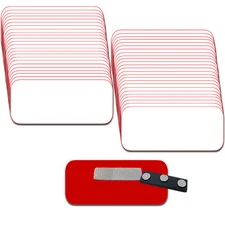 50 BLANK 1 1/2 X 3 WHITE/RED NAME BADGE KIT (U) TAGS 1/4" CORNERS MAGNETS LABELS