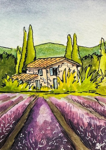 Lavender Cottage ACEO Original Watercolor Painting Countryside Landscape Art