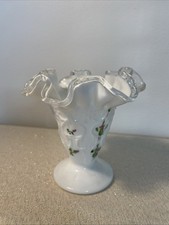Fenton Glass Vase Hand painted Signed Purple Flowers 4.25  Tall
