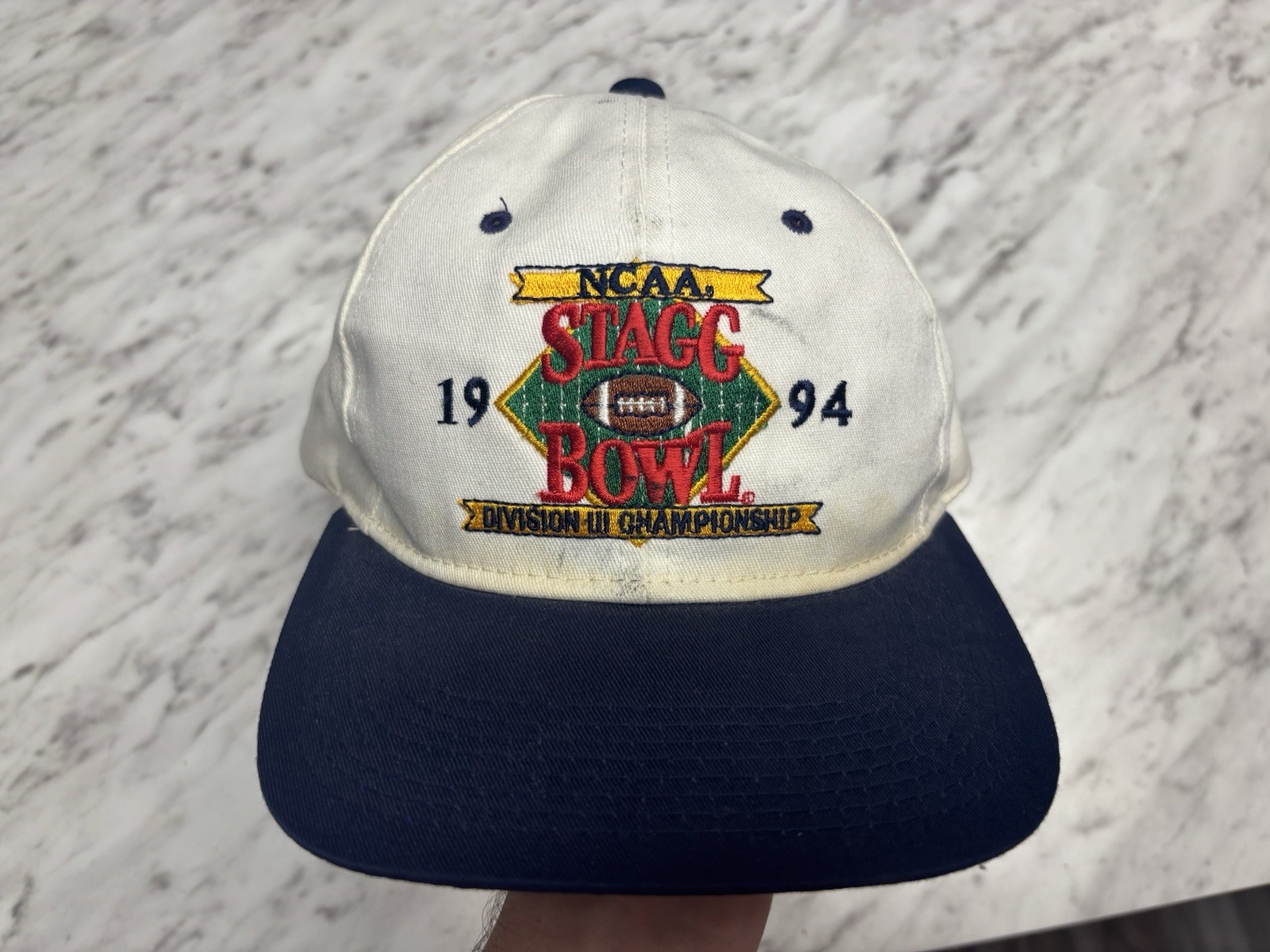 Vintage 1994 Stagg Bowl Hat White Blue Snap Back Cap NCAA Football Division III