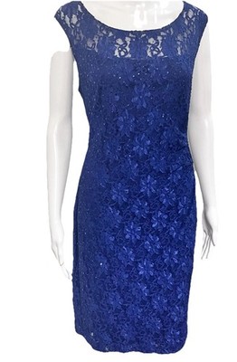 Connected Apparel Size 14P Navy Lace Sheath Dress Side Ruched Stretch Bust 42''