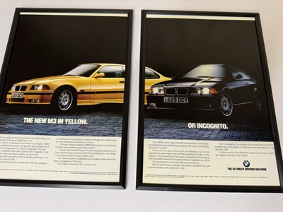 Gerahmter Druck E36 BMW M3 gelb schwarz Magazin Poster Werbung Männerhöhle Wandbild