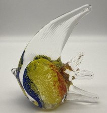 Art Glass Tropical Angel Fish Paperweight Figurine 5 Tall Blue Yellow White