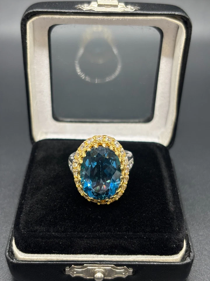 Anillo Londres Topacio Azul 11.08ct con 46 Circonitas Blancas Plata 925 Oro 24K - Certificado Foto 3 de 4