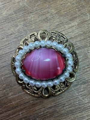 West GERMANY Vintage Brooch Gold Filigree Pink Faux Pearl