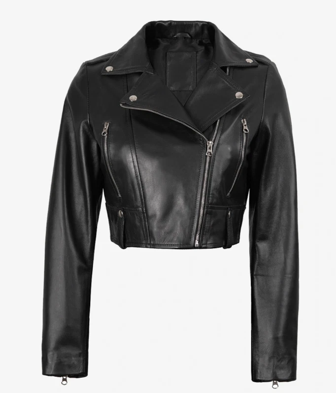 Women’s Black Genuine Lambskin Leather Cropped Biker Jacket – Modern Fit