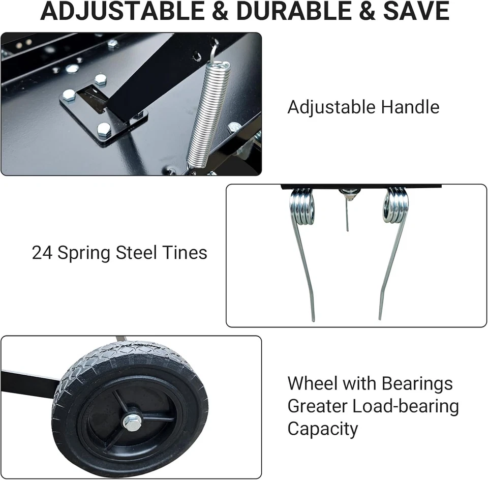 Rastrillo de escotilla de césped de 48" con dientes de acero de 24 resortes para ATV Foto 2 de 4