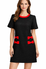 Tweed Shift Dress Puff Sleeves Bows Black Red Size Large Workwear Office