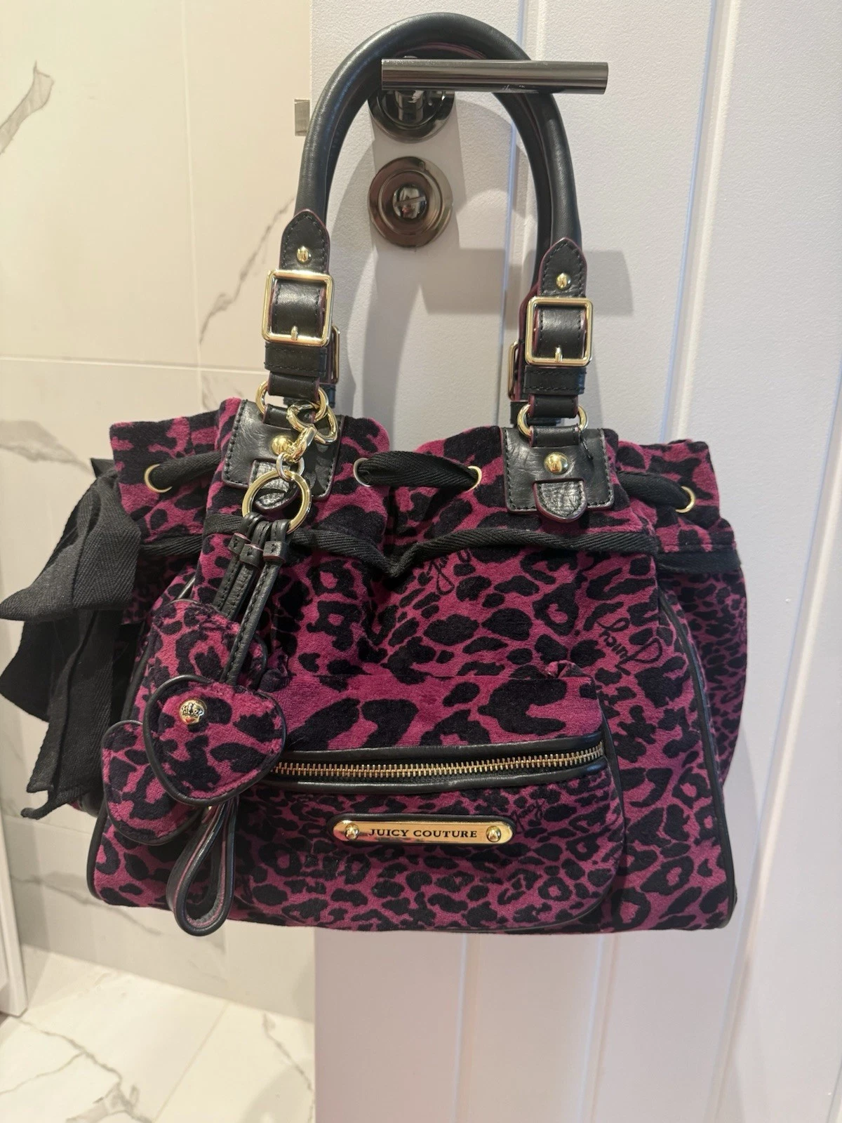 Juicy Couture Pink/Black Leopard Animal Print Velour Satchel Bag Charm