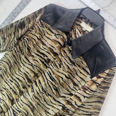 Cache Y2K 90 s 80s Mob Wife Luxury Money Tiger Print Silk Leather Trim Blouse 8