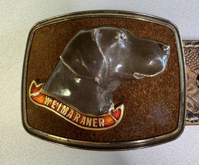 1979 Raintree Weimaraner Dog Brass Belt Buckle Cork Inlay Leather Belt Sz 40