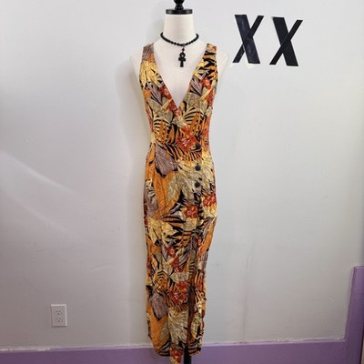 Vintage 90s Abstract Fall Floral Deep V-Neck Button Wrap Dress  Indie Grunge 3 4