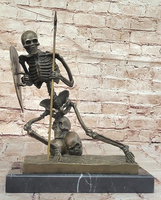 BRONZE STATUE, LARGE SKELETON GUARD BOOK END, ART FIGURE SCULPTURE HOME DECOR NR