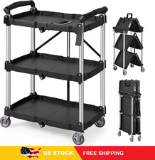 VEVOR Foldable Utility Cart 3 Shelf, 165lbs Rolling Service Cart with Brakes