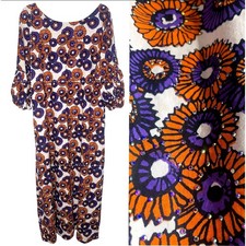 Vintage 1960's L Floral Print LINEN Maxi Dress CRYSTAL Beaded Purple Orange MINT