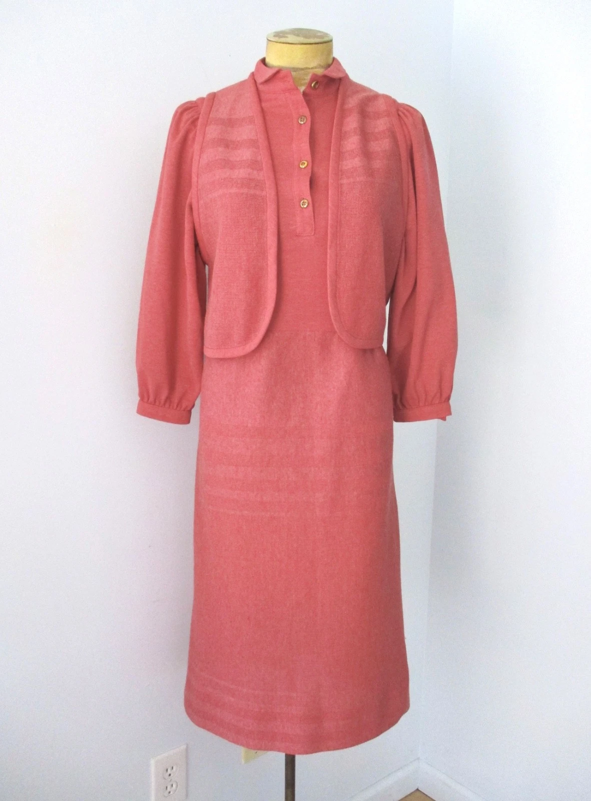 Vtg 70s Brick Red 2-Pc Secretary Dress Vest Tiny Mesh Suit Modest High Neck S/M