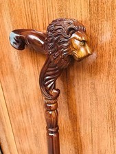 Hand Carved Wooden Lion Walking Stick Cane Ergonomic Palm Grip Handle