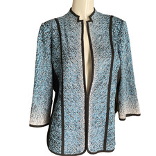 Ming Wang Contrast Piped Blazer Jacket Size M Hook Bar Front Closure 3/4 Sleeve