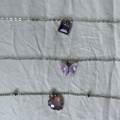 Brand New Y2K Silver Purple Fairycore Butterfly Heart Charm Pendant Necklace Set
