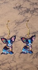 Dangle Purple Blue Cute Enamel Chihuahua Earrings .925 Sterling Silver Hooks