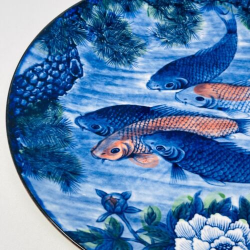 Japanese Koi Fish Goldfish Ceramic Plate Blue Orange Large Made in Japan 12.5 In - Picture 9 of 12