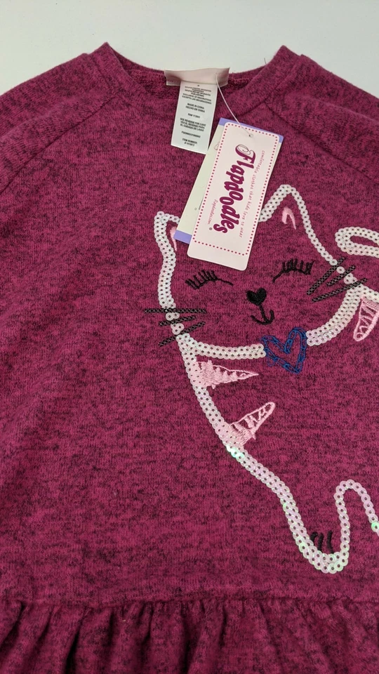 NWT Flapdoodles Girl's Long Sleeve, Dark Pink, Sequined Cat Shirt, Size (4) - Image 2 of 3