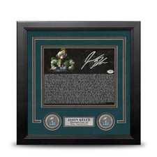 Foto autografiada 8x10 de Jason Kelce SB texto de discurso Philadelphia Eagles certificado de autenticidad PSA