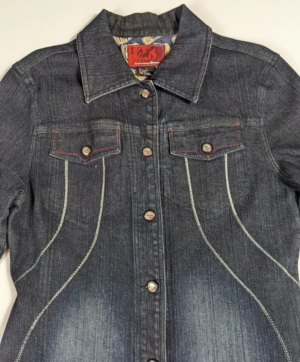 Johnny Blaze Flames Long Fitted Dark Blue Denim Jacket Wu