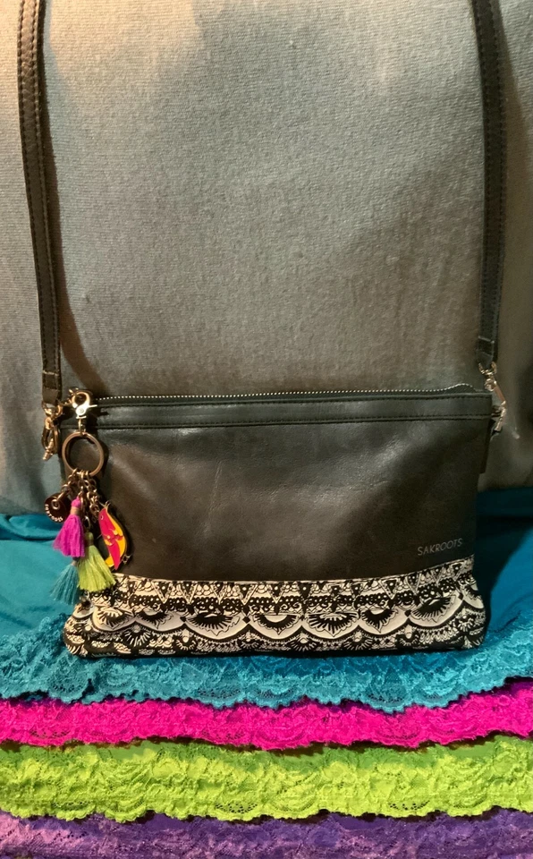 Bolsa tiracolo Sacroots couro preto e branco multicolorida com zíper com zíper - Imagem 2 de 4