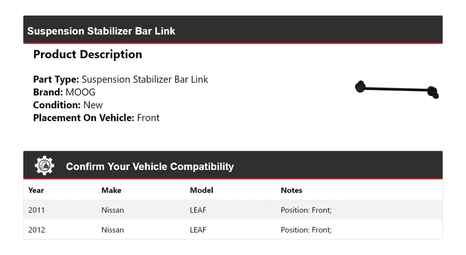 适用于 2011 - 2012 年日产 LEAF 悬架稳定杆连接前 MOOG — 第 2/4 张图片