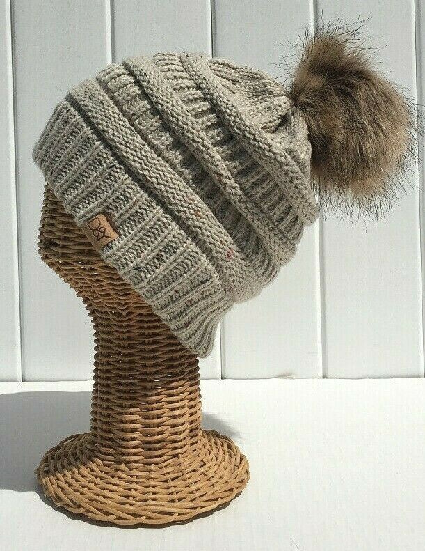 New Women's Beanie Winter Ski Hat Knitted With Pom Pom & Plush