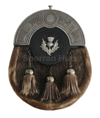 5575 Scottish Kilt Sporran With Traditional Badges – Genuine Leather Black Rabbit Fur Sporran – Celtic Knot Cantle & Leather Design main image 4