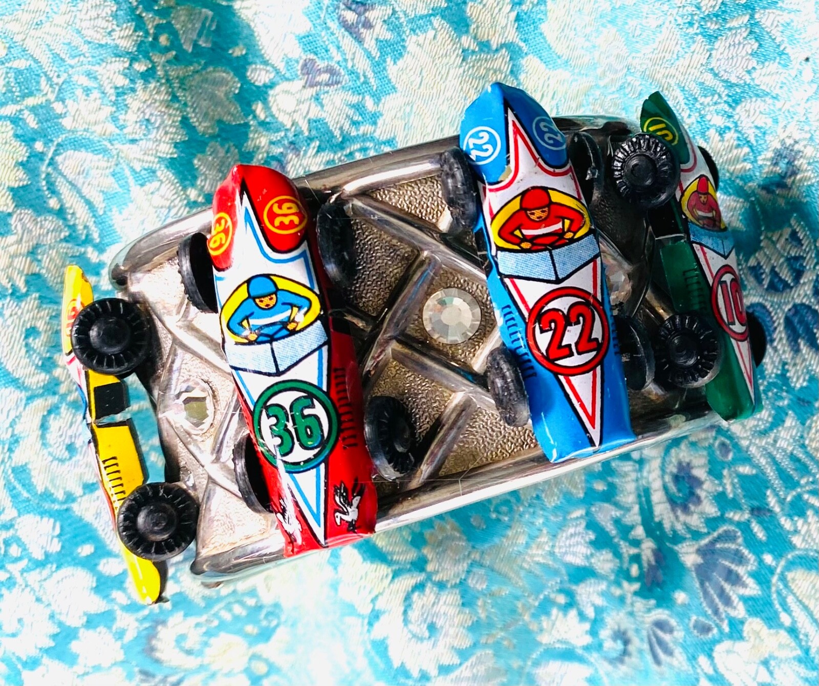 Vintage tin toy car bracelet with Swarovski rhinestones drag race clamper ooak-image