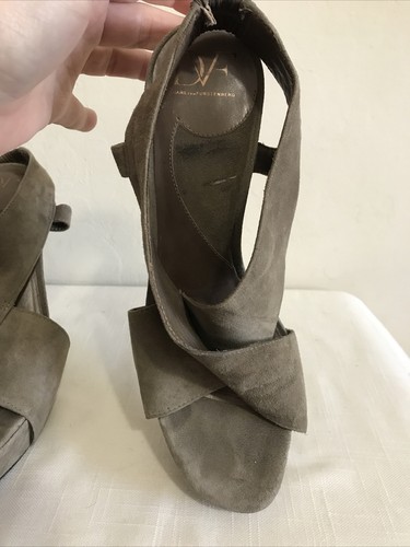 DVF Dianne Von Furstenberg Taupe Tostado Marrón Cordones Punta Abierta Sandalia Tacón Talla 9 - Imagen 7 de 12