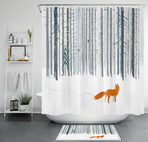 Winter Snow Scene Forest Fox Cardinals Shower Curtain Bathroom Accessories Set - Bild 1 von 16