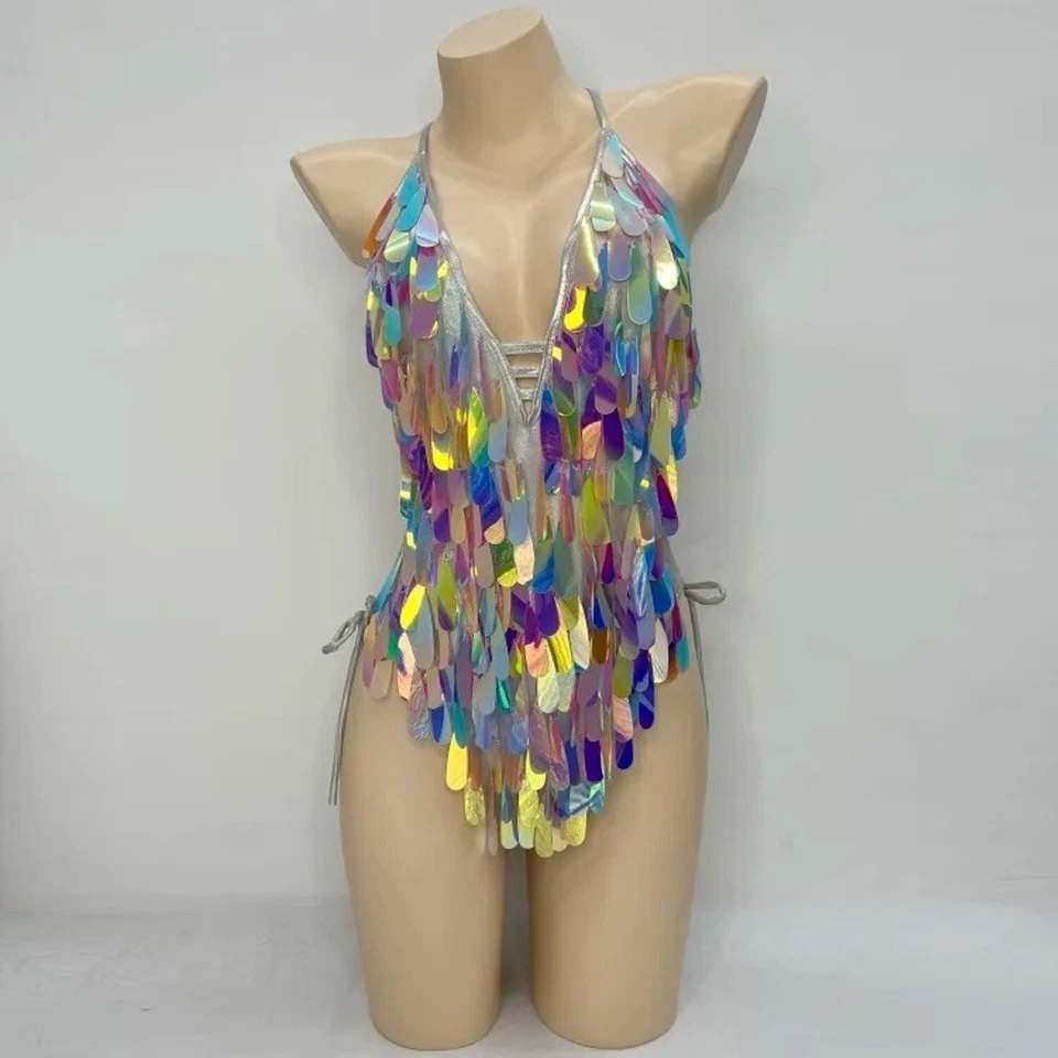 Flashing Sequins Carnival Dance Costume Evening Singer Nightclub Bar Bodysuit - Image 2 of 4