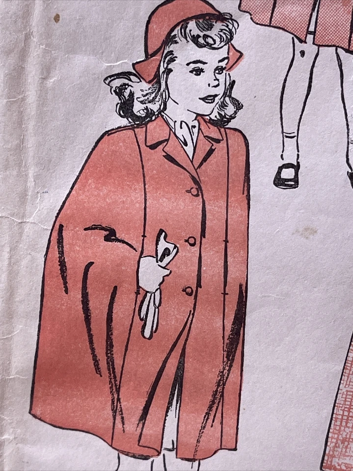 Buttoned Cape and Hat Vintage 1943 Advance 3476 Sewing Pattern Girls Sz 4 - Image 2 of 4